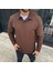 Erkek Fitilli Polar Sweatshirt - Düğmesiz Polo Yaka, Oversize Rahat Kalıp, Kalın Polar Kumaş, Kışlık ve Baharlık Şık Günlük Üst - Kahverengi 2