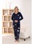 Kadın Fransız Kumaş V Yaka Ayıcık Baskılı Lacivert Pijama Takımı 1