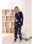 Kadın Fransız Kumaş V Yaka Ayıcık Baskılı Lacivert Pijama Takımı 2