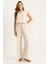 Kadın Luccı Yuvarlak Yaka Kravat Kapatmalı Iki Parçalı Geniş Paça Pantolon Takımı Bej Doğal 1