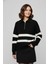 Kadın Siyah Çizgili Fermuarlı Yaka Triko Kazak Bol Kesim Şerit Detaylı 2