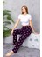 Kadın Beli Lastikli Kalp Desenli Polar Pijama Alt Mor - 2068 1