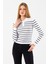 Kadın Polo Yaka Düğme Detaylı Çizgili Triko Body Beyaz - 2058 1