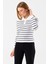 Kadın Polo Yaka Düğme Detaylı Çizgili Triko Body Beyaz - 2058 3