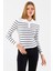 Kadın Polo Yaka Düğme Detaylı Çizgili Triko Body Beyaz - 2058 5