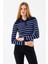 Kadın Polo Yaka Düğme Detaylı Çizgili Triko Body Lacivert - 2058 1