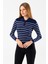 Kadın Polo Yaka Düğme Detaylı Çizgili Triko Body Lacivert - 2058 3