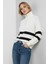 Kadın Ekru Siyah Çizgili Fermuarlı Yaka Triko Kazak Bol Kesim Şerit Detaylı Slikon Yıkama Yumuşak 4