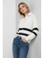 Kadın Ekru Siyah Çizgili Fermuarlı Yaka Triko Kazak Bol Kesim Şerit Detaylı Slikon Yıkama Yumuşak 7