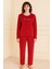 Kadın 13166-2781 Uzun Kol Kadife Pijama Takımı Kırmızı 1