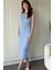 Drapeli Aksesuarlı Mavi Midi Elbise 2