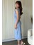 Drapeli Aksesuarlı Mavi Midi Elbise 6