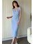 Drapeli Aksesuarlı Mavi Midi Elbise 7