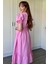 Müslin Kumaş Kısa Kol Pembe Midi Elbise 4
