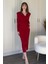 Vatkalı Beli Drapeli Önü Yırtmaçlı Midi Kırmızı Elbise 2