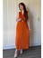 Kruvaze Yaka Krinkıl Midi Tokalı Turuncu Elbise 4