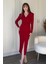 Vatkalı Beli Drapeli Önü Yırtmaçlı Midi Kırmızı Elbise 6