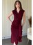 Fırfır Detaylı Kruvaze Yaka Midi Bordo Elbise 1
