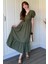 Müslin Kumaş Kısa Kol Midi Haki Elbise 8