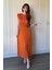 Vatkalı Krinkıl Midi Bel Detaylı Turuncu Elbise 5