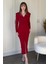 Vatkalı Beli Drapeli Önü Yırtmaçlı Midi Kırmızı Elbise 5