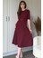 Kısa Kollu Kemerli Etekleri Volanlı Midi Bordo Elbise 6