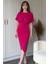 Kısa Kollu Şık Önü Yırtmaçlı Pembe Midi Elbise 3