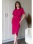 Kısa Kollu Şık Önü Yırtmaçlı Pembe Midi Elbise 4