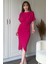 Kısa Kollu Şık Önü Yırtmaçlı Pembe Midi Elbise 8