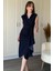 Fırfır Detaylı Kruvaze Yaka Midi Lacivert Elbise 2