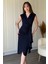 Fırfır Detaylı Kruvaze Yaka Midi Lacivert Elbise 3