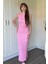 Gofre Kumaş Pembe Midi Elbise 2