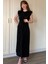 Vatkalı Krinkıl Midi Bel Detaylı Siyah Elbise 3