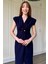 Kruvaze Yaka Vatkalı Incili Lacivert Elbise 4
