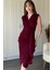 Fırfır Detaylı Kruvaze Yaka Midi Bordo Elbise 7