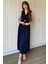 Kruvaze Yaka Krinkıl Midi Tokalı Lacivert Elbise 2