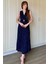 Kruvaze Yaka Krinkıl Midi Tokalı Lacivert Elbise 3