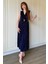 Kruvaze Yaka Krinkıl Midi Tokalı Lacivert Elbise 7