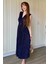 Kruvaze Yaka Krinkıl Midi Tokalı Lacivert Elbise 8