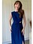 Lacivert Drapeli Aksesuar Detaylı Yırtmaçlı Midi Elbise 5