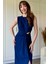 Lacivert Drapeli Aksesuar Detaylı Yırtmaçlı Midi Elbise 7