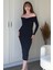 Omuz Detaylı Vücudu Saran Midi Lacivert Elbise 8