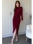 Aksesuar Detaylı Boyunlu Midi Bordo Elbise 3