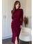 Aksesuar Detaylı Boyunlu Midi Bordo Elbise 8