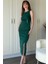 Taş Detaylı Yırtmaçlı Drapeli Yeşil Elbise 5