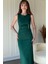 Taş Detaylı Yırtmaçlı Drapeli Yeşil Elbise 6