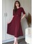 Kısa Kollu Kemerli Etekleri Volanlı Midi Bordo Elbise 3