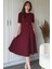 Kısa Kollu Kemerli Etekleri Volanlı Midi Bordo Elbise 8