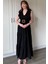 Siyah Kol Fırfırlı Yırtmaçlı Uzun Elbise 4