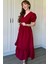 Bordo Müslin Kumaş Kısa Kol Elbise 8